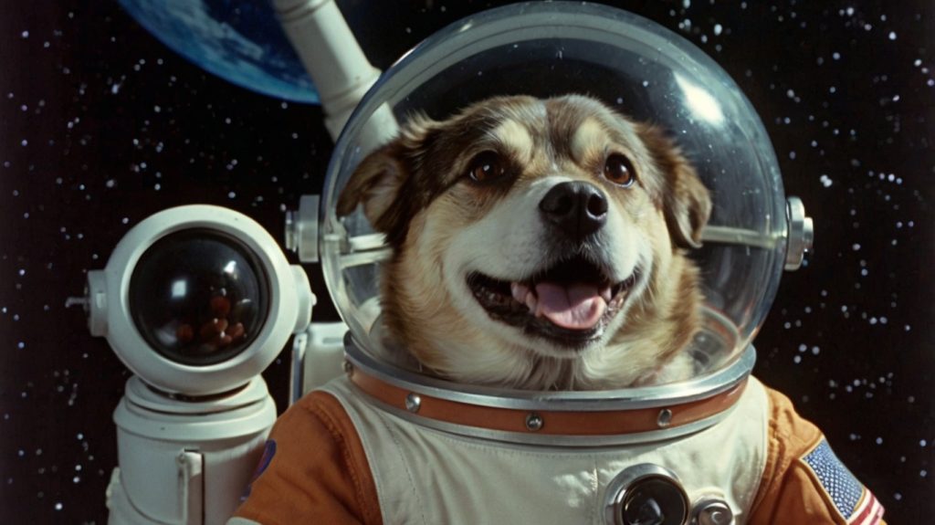 Cão sorrindo dentro de capacete de vidro. camerá robótica atras. fundo de estrelas