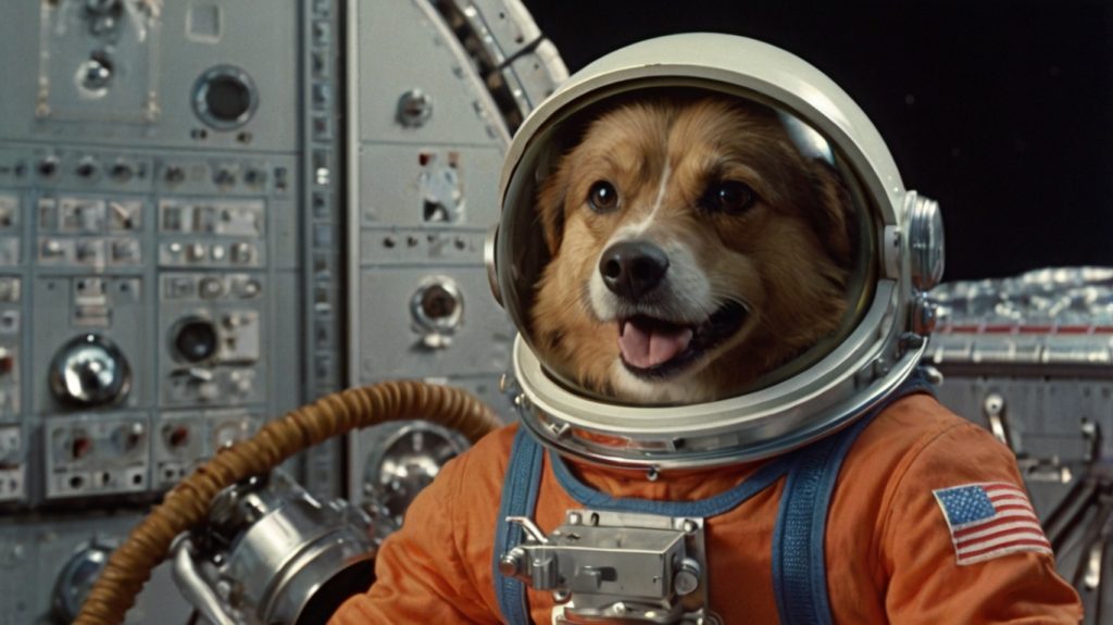 cão em traje espacial laranja com bandeira dos estados unidos dentro de uma cabine de espaçonave