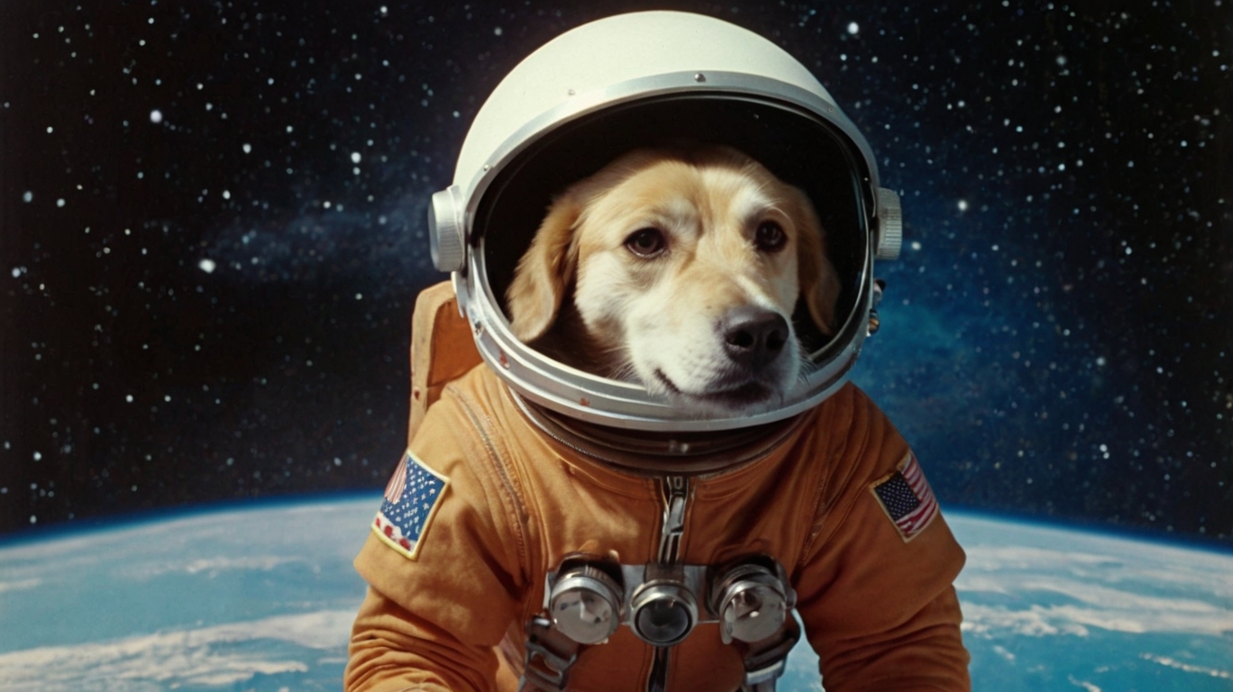 Cão em traje espacial laranja, terra e espaço atrás