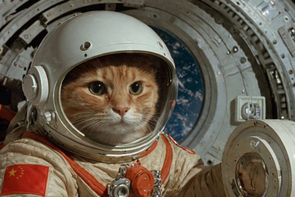 Gato em traje espacial branco com bandeira do CCP dentro de uma cabine de espaçonave